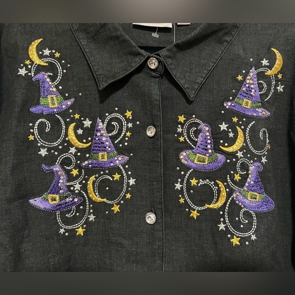 Quacker Factory Black Halloween Button Down Top 3X Stars Moons Witch Hats NWT - Picture 2 of 9